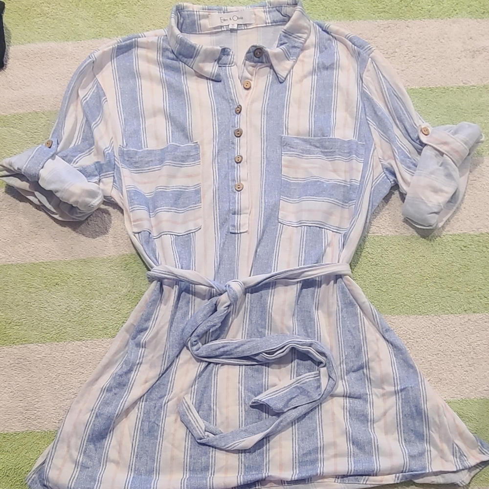 Eden & Olivia Blue/White/Pink striped fold sleeves, tie around, shirt